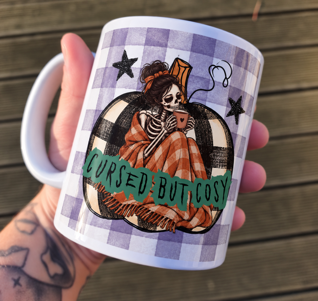 Cursed but Cosy Mug – Halloween Mug – Spooky Mug – Skeleton Mug – Autumn Gift – Halloween Gift – Gothic Mug – Cosy Season Mug