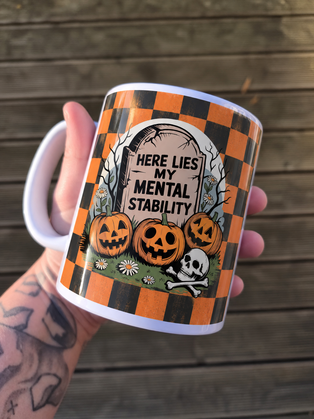 Here Lies my Mental Stability Mug – Funny Halloween Mug – Spooky Mug – Mental Health Humour – Pumpkin Mug – Halloween Gift – Autumn Mug – Dark Humour Gift