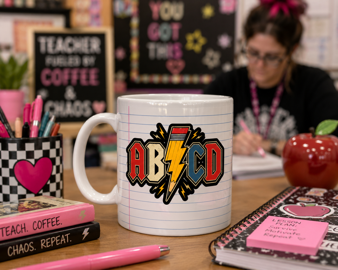 AB/CD Teacher Mug – Funny End of Term Teacher Gift – AC/DC Inspired Coffee Mug – Teacher Appreciation Gift – Last Day of School Present