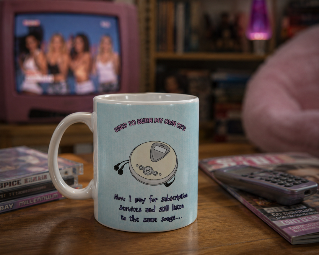 Burning CDs Mug – Millennial Nostalgia Gift – Funny 90s & 00s Mug – Adulting Humour – Retro Music Lover Gift