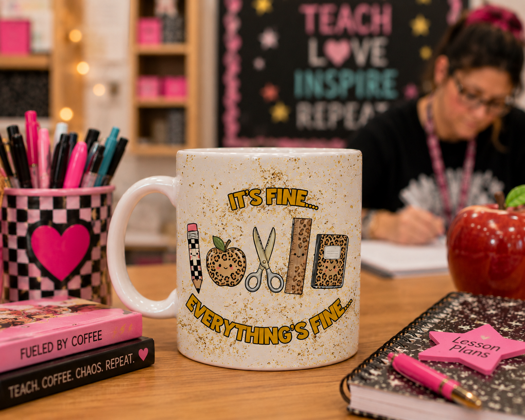It's Fine Teacher Mug – Funny Teacher Coffee Mug – End of Term Teacher Gift – Teacher Appreciation Present – Classroom Chaos Mug